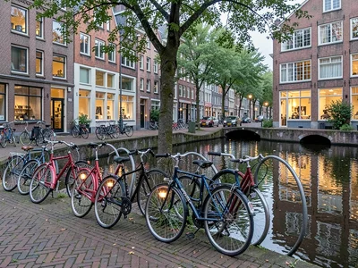 Bicycle rhythm through Copenhagen, a row of parked bicycles along a canal, their