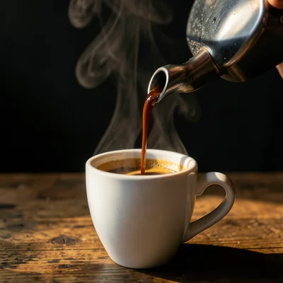 Espresso pouring from a bottomless portafilter into a white ceramic cup, the str