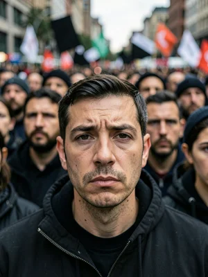 Single face at centre of a protest line — calm determination, direct gaze, crowd