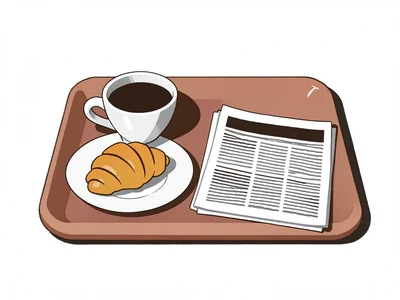 Breakfast tray with croissant, coffee cup, and newspaper folded flat