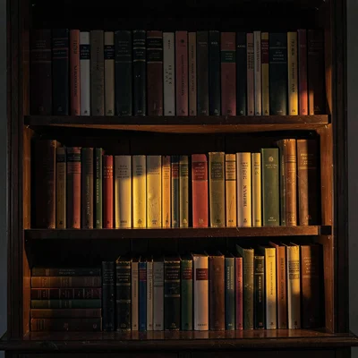 Quiet bookshelf at twilight, warm yellow glow seeping through the spines, deep s