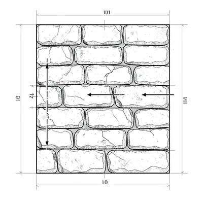 Detail blueprint of a dry-stack wall construction with stone interlock arrows, n