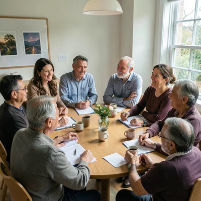 Documentary photography, unposed moment, Multigenerational team meeting, mix of 
