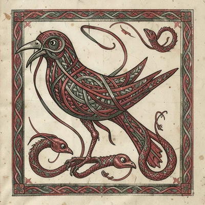 Insular bird figure — stylized bird built from interlaced ribbon forms, beak bit