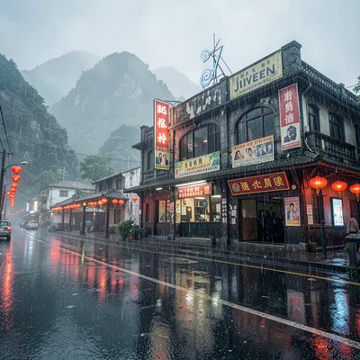 Jiufen rain beauty, wet mountain coastal, Old movie theater facade, vintage post