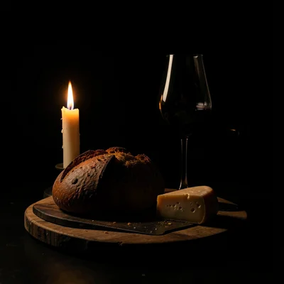 A still life of bread, wine, and cheese on a wooden board, a single candle creat