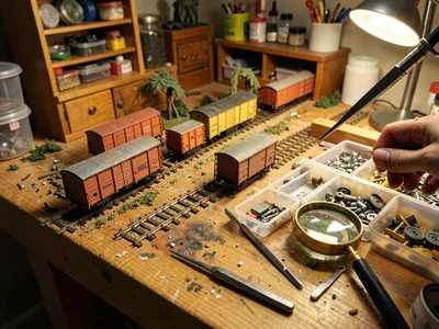 Rolling stock in repair, tiny boxcars disassembled on workbench, tweezers and ma