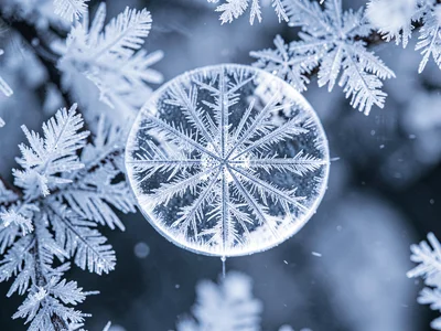 Frozen water droplet showing internal crystal structure