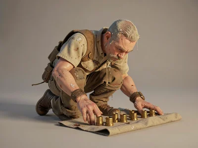 A salvage-diver crouches to lay a row of recovered brass valves on a folded clot