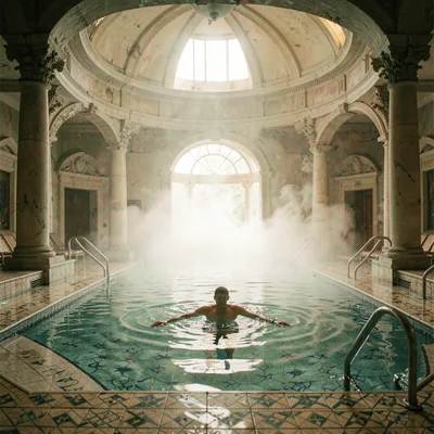 Humid atmospheric scene, Central European grandeur, Swimming pool in thermal bat