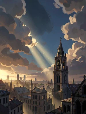 Skyline view of ruined gothic city, parting clouds drop a single beam onto a bro