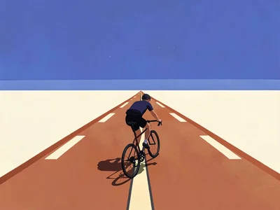 Cyclist tracks along a copper-red road across a vast cream playa under a lapis s