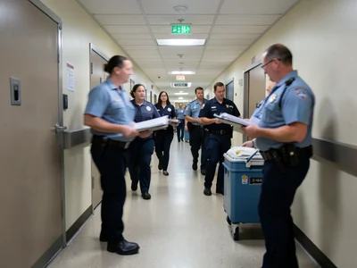 ER hallway at shift change — staff in motion blur carrying charts and equipment,