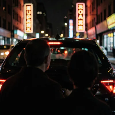 The back of a taxi at night, passenger's face half-lit by passing neon signs in 