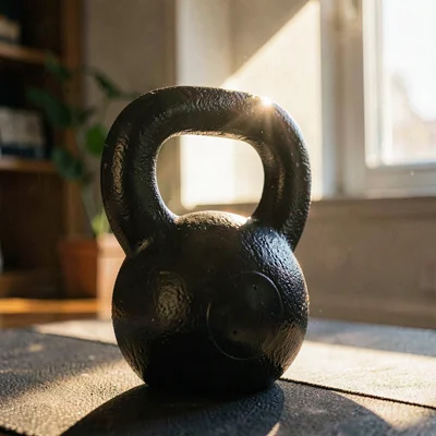 Late-afternoon shaft of light catching the curve of a kettlebell handle