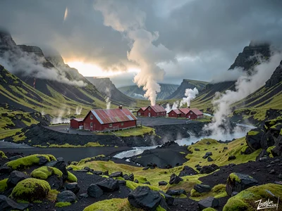 Volcanic otherworldly light in Iceland, a red-roofed farm cluster in a valley su