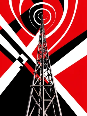 Radio tower rising diagonally, signal arcs radiating outward as bold lines