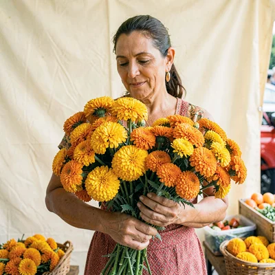Half-figure of a flower vendor at the Mercado de Jamaica, arms full of marigolds
