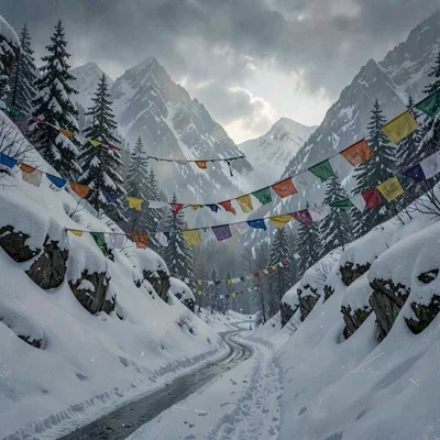 Painterly stage composition of a snowed-in mountain pass with prayer flags whipp