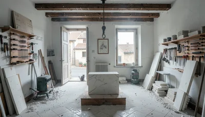 Documentary-style photograph, natural and observed, Italian marble sculptor's wo