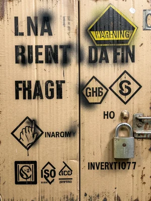A chemical storage cabinet with yellow WARNING sticker, GHS hazard diamonds, a h