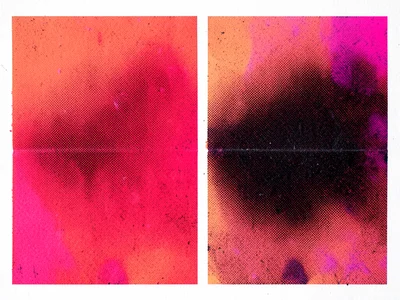 Full-bleed risograph in two passes: warm red base coat plus black halftone patte