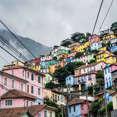 Valparaiso hillside color, painted houses climbing, Telephone wires creating geo