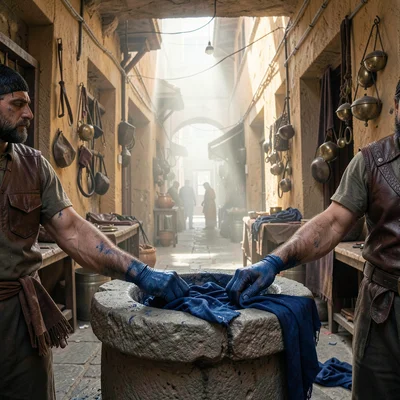 Fes medina light penetration, souk depth, dyer hands stained indigo blue, wringi