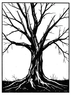 Bare winter tree against white sky, branches as angular torn marks