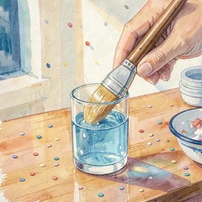 Painted scene of a brush dipping into a glass of clouded water, warm afternoon g