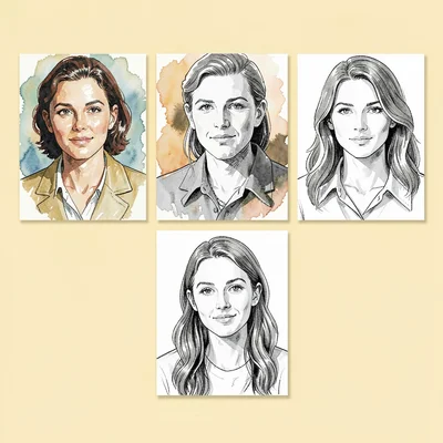 Square IG-grid of three different portrait styles (oil, watercolor, ink) on a bu
