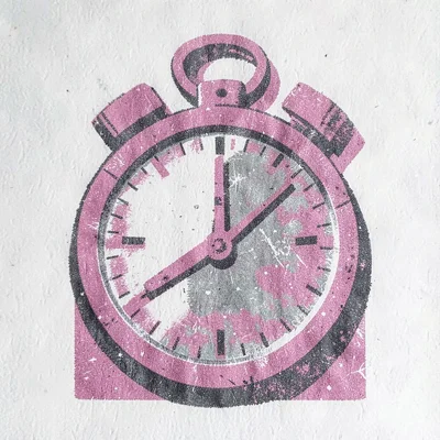Bold riso flyer motif of a stopwatch and clipboard silhouette in pink and slate 