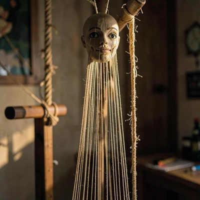 Vertical of a control bar with strings cascading toward a puppet head, fine side