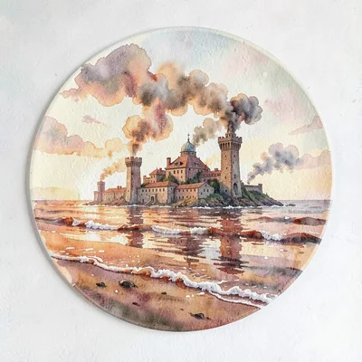 Wide painterly plate of a sinking shoreline kingdom with half-submerged towers e