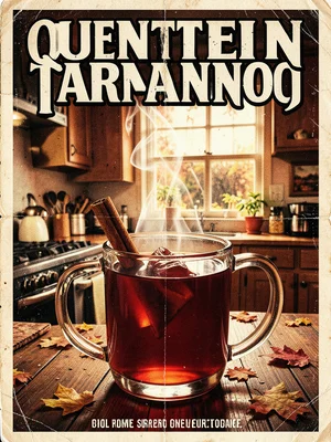 Hot apple cider in mug with cinnamon stick, steam rising, autumn kitchen
