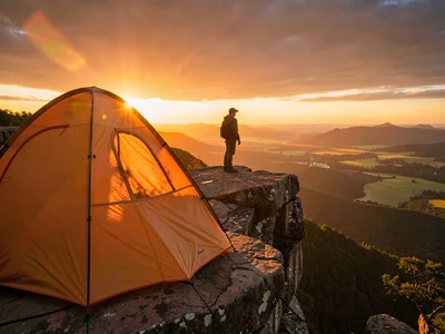 Tent on cliff edge at sunset, nylon catching and glowing with orange light, figu