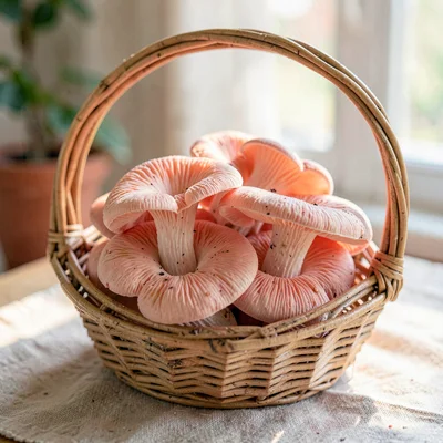 Organic square of pink oyster mushrooms in a wicker basket, vivid coral tones