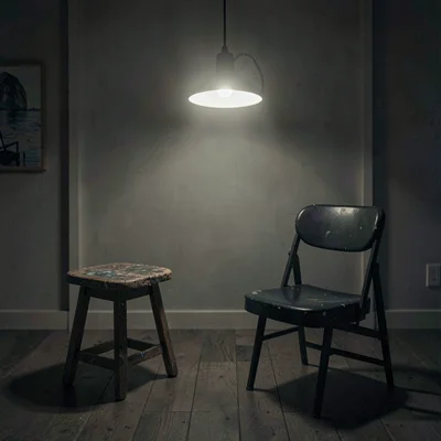 Late-night moodlit photograph of an artist's stool by an empty chair, pendant la