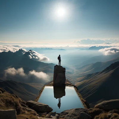 Photo On a mountaintop a hiker holds a mirror reflect