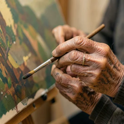 An artist's aged hands holding a brush, paint under the nails, the canvas barely