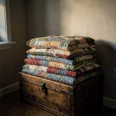 Quiet corner of the studio with stacked finished quilts folded on a wooden chest