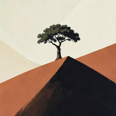 Polylepis tree perches alone on a high rust-orange ridge under a cream sky, hard