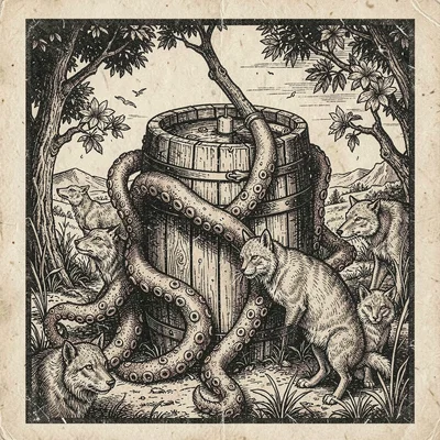 Craft beer label illustration, Octopus tentacles wrapped around beer barrel , br