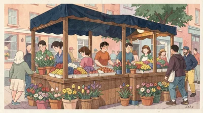 Gouache illustration, flower market stall , opaque matte pigment, flat color are