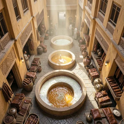 Fes medina light penetration, souk depth, leather tannery vats from above, circu