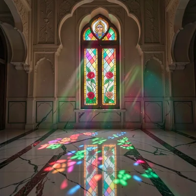 Through the Jaipur gem cutter's eye, faceted light, Stained glass window in a pa