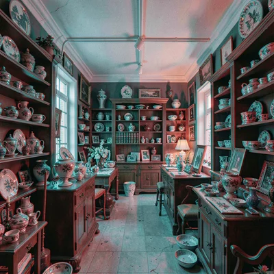 Anaglyphic stereo 3D photograph, Antique shop interior crowded with objects at v
