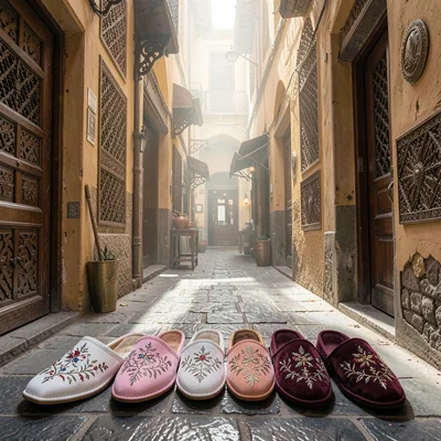 Fes medina light penetration, souk depth, embroidered slippers arranged in color