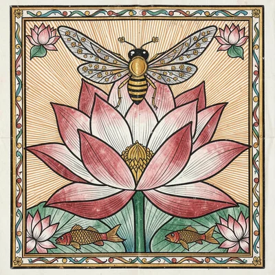 Bee hovering above a giant open lotus — wings spread symmetrically, pollen detai