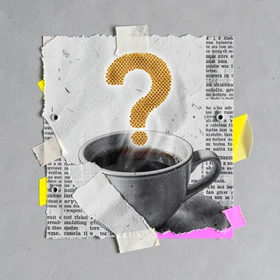 Layered collage of a coffee cup with steam shaped like a question mark, halftone